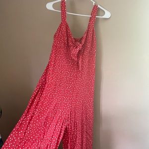 Coral pink polka dot Anthropologie wide leg jumpsuit